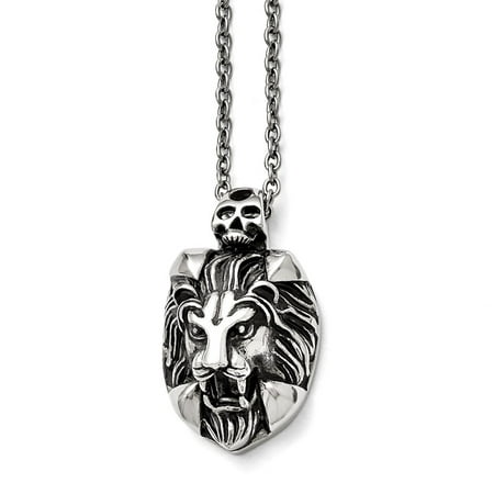 Stainless Steel 22in Polished and Antiqued Lion and Skull Necklace