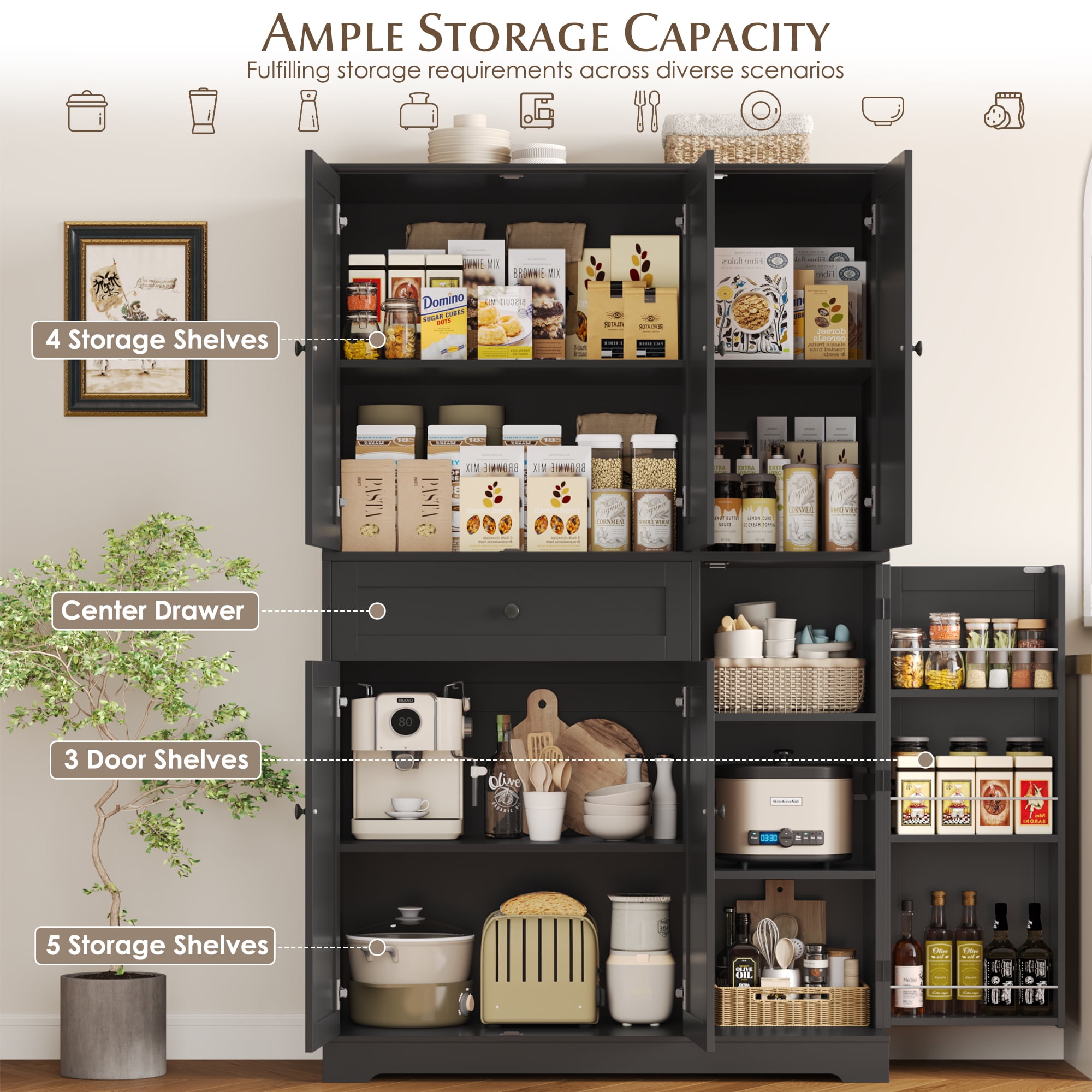 Homfa Kitchen Pantry Storage Cabinet, 68" Food Pantry Cabinet with Drawer and Door Shelf, 6 Door Freestanding Cupboard Buffet for Dining Room, Black