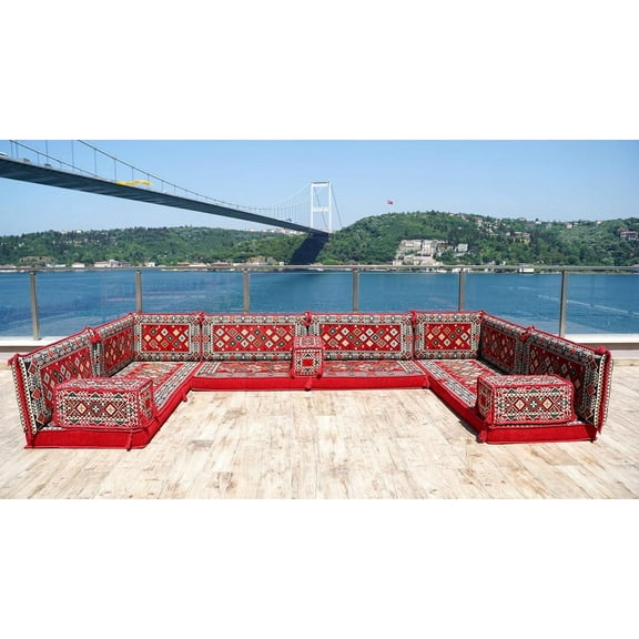 Red U Shaped Arabic Floor Sofa Set, Floor Cushions, Patio Sofas, Sofa Terrace, Ethnic Sofa, Moroccan Sofas, Turkish Sofa