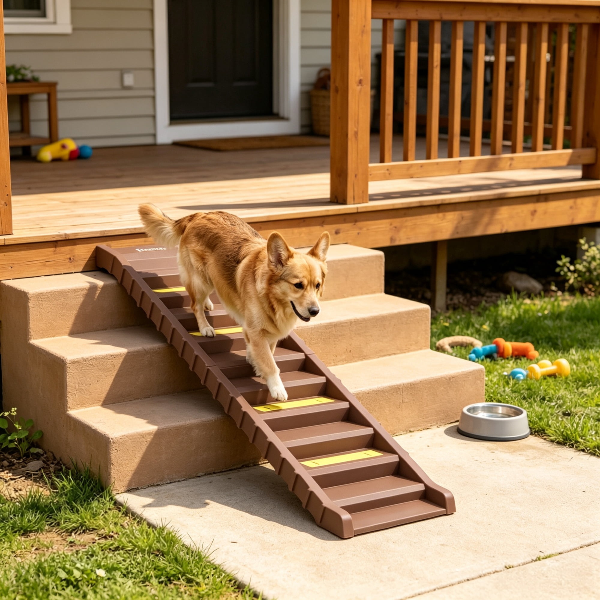 Portable Dog Ramp, Foldable Stairs for Medium Small Dogs to Get on Car Truck SUV, Brown