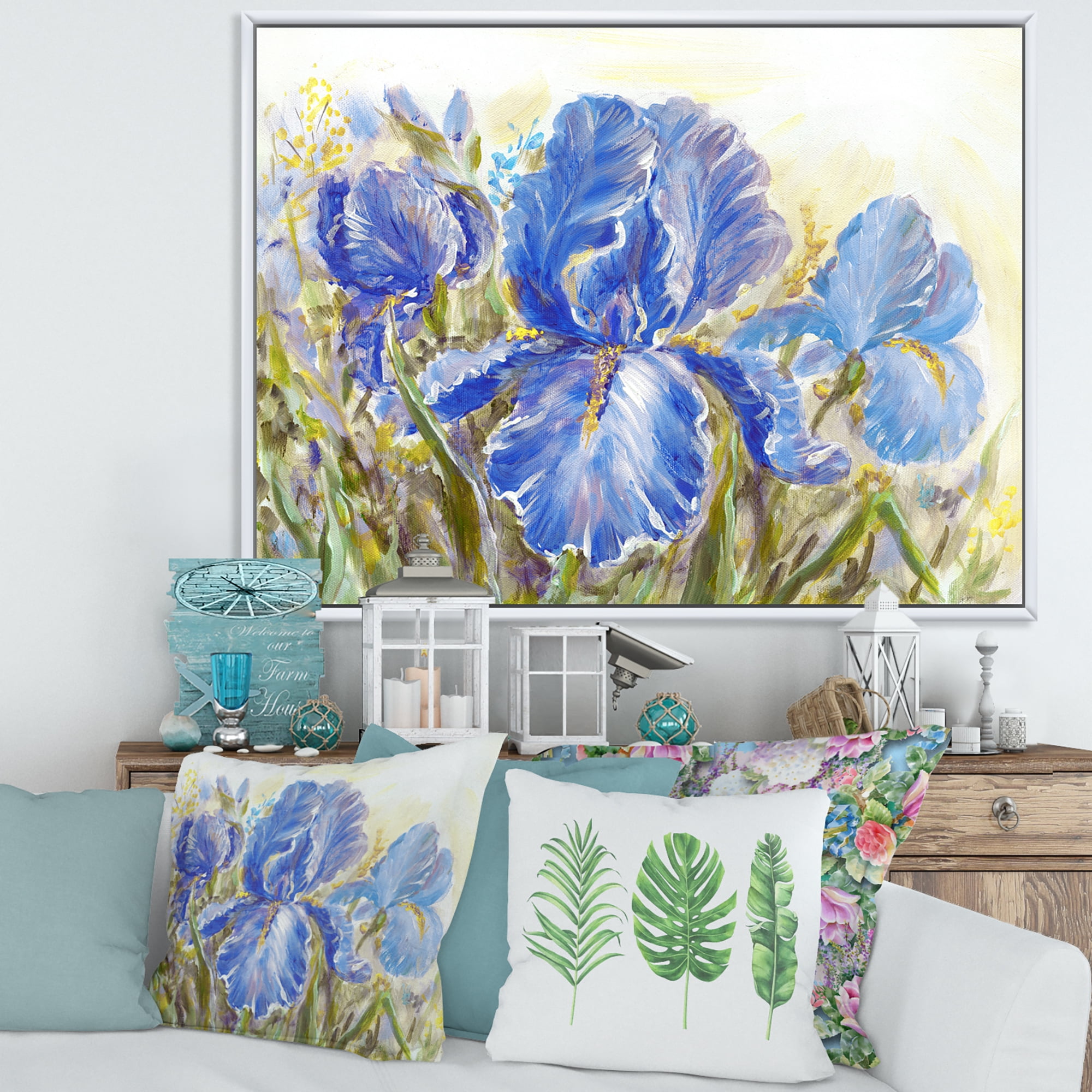 Designart 'Blue Irises Blossoming Flowers' Traditional Framed Canvas Wall Art Print