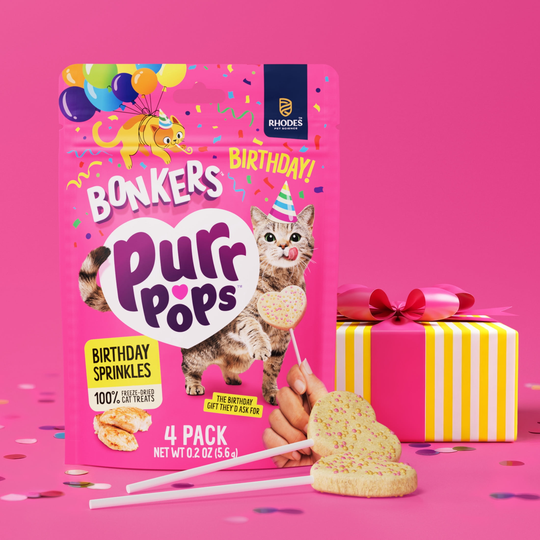 BONKERS Purrpops Birthday Edition Freeze-Dried Chicken Flavored Lollipop Treats for Cats, 4 pack