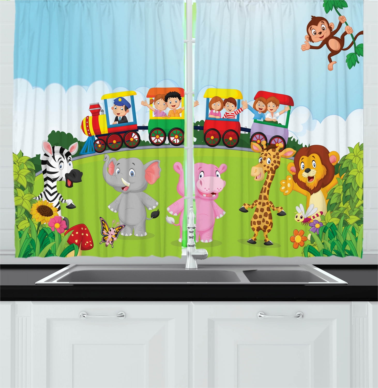 3D Blockout 2Panel Set Window Curtain-Animal Park Carnival For Kids Fabric Drape 