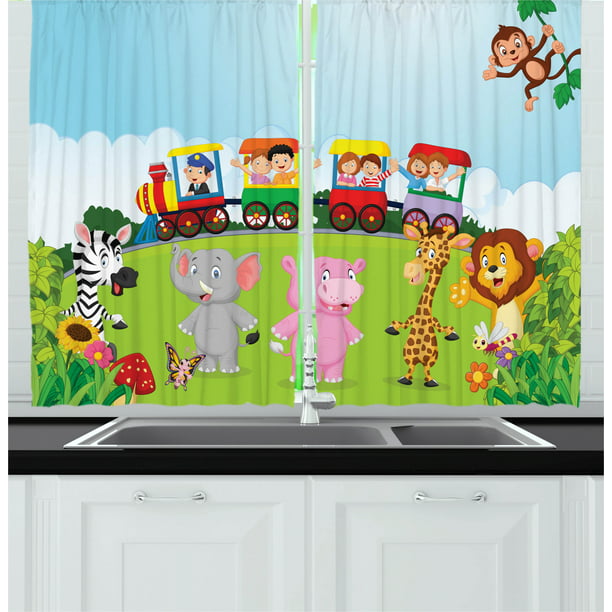 Cartoon Curtains 2 Panels Set, Kids Nursery Design Happy Children on a Choo  Choo Train with Safari Animals Artwork, Window Drapes for Living Room  Bedroom, 55W X 39L Inches, Multicolor, by Ambesonne -