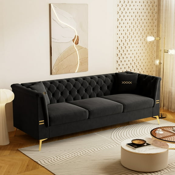 Modern Tufted Velvet Sofa with 2 Pillows, 82.67" Mid-Century 3-Seater Couch with Gold Metal Legs, Elegant Chesterfield-Style Upholstered Sofa for Living Room, Apartment, or Office (Black)
