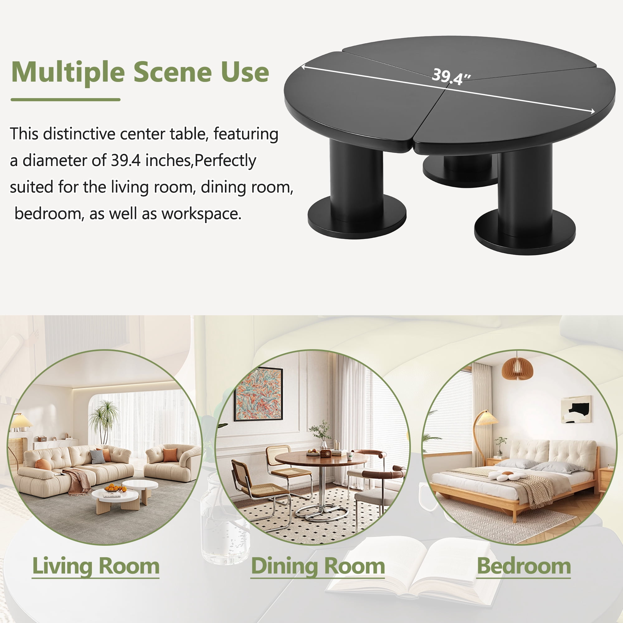 MAYEERTY Φ39.4'' Easy Assembly Round Petal-Shaped Coffee Table, Cream Style Center Table with 3 Thick Legs, Minimalist Irregular End Table with Sleek Round Edges for Living Room, Black