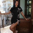 thumbnail image 2 of Women's Turtleneck Short Sleeve Lace-up Bowknot High-Split Mini Dress, Hips Wrapped, Solid Color, 2 of 20