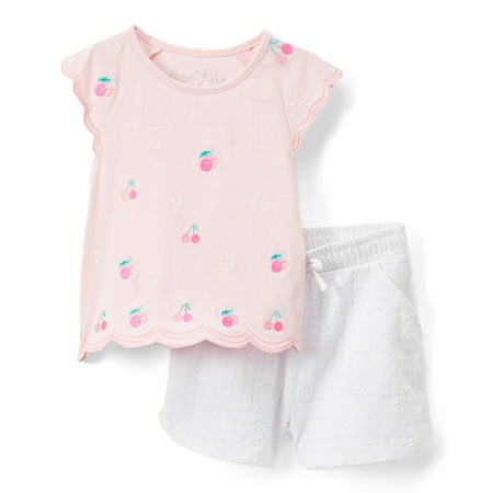 - Cherry Scallop Top and Printed Shorts, 2pc Outfit Set (Toddler Girls)