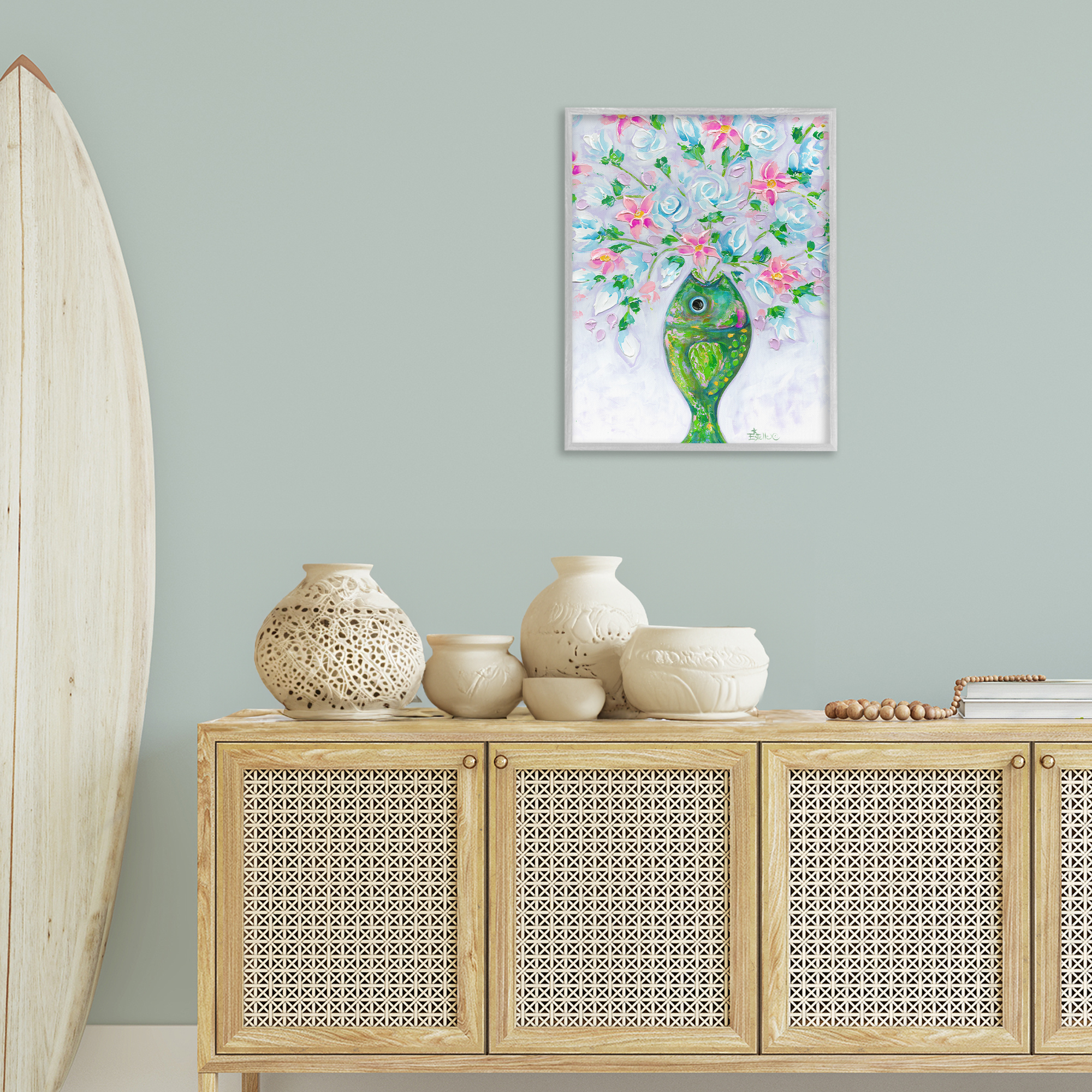 Stupell Industries Nautical Fish Bouquet Botanical & Floral Painting Gray Framed Art Print Wall Art, 24 x 30