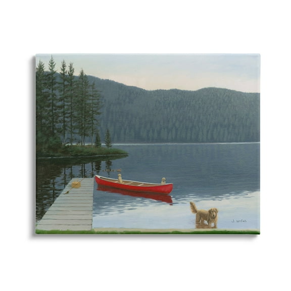 Stupell Industries Docked Row Boat Lake Forest Landscape Pet Dogs, 40 x 30, Design by James Wiens