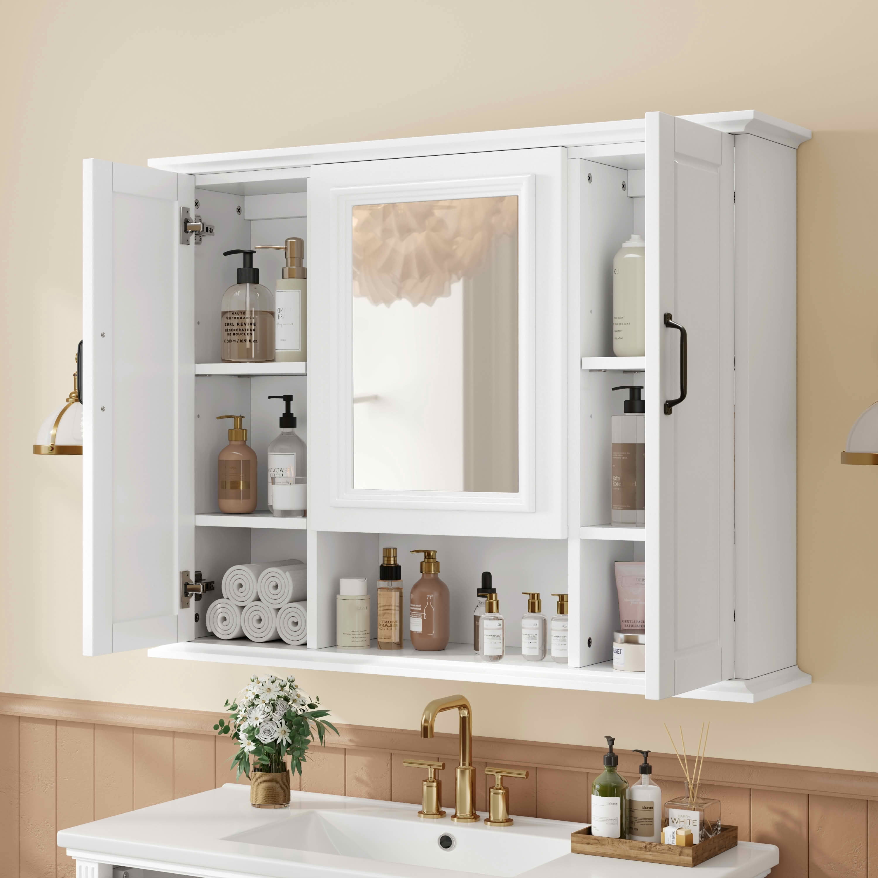 MAYEERTY 36" Bathroom Vanity with Sink White MDF Rubberwood 3 Drawers Adjustable Shelf Freestanding