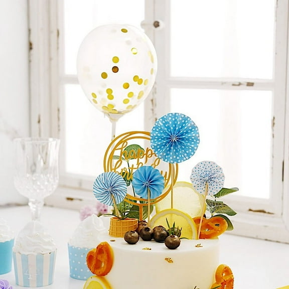 BalsaCircle Gold Blue Happy Birthday Cake Topper Set Paper Fans Confetti Balloon Wedding Party