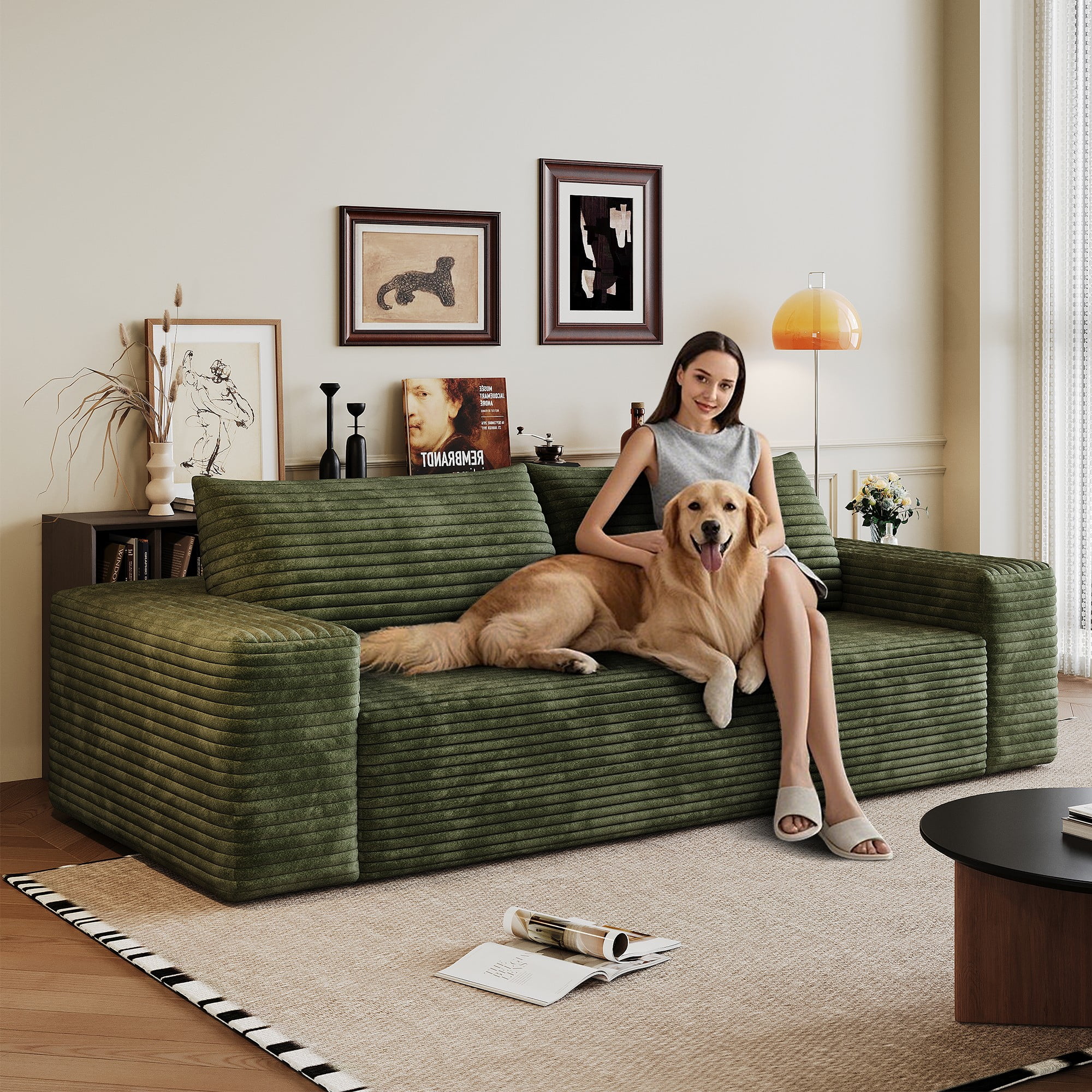 Aukfa 3-Seater Corduroy Sofa, Deep Seat Cloud Couch, No Assembly Frameless Loveseat for Living Room, Bedroom, Apartment, Green