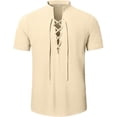thumbnail image 3 of HAOMEILI Men's Cotton Linen Lace-Up V-Neck Short Sleeve Shirt, 3 of 5
