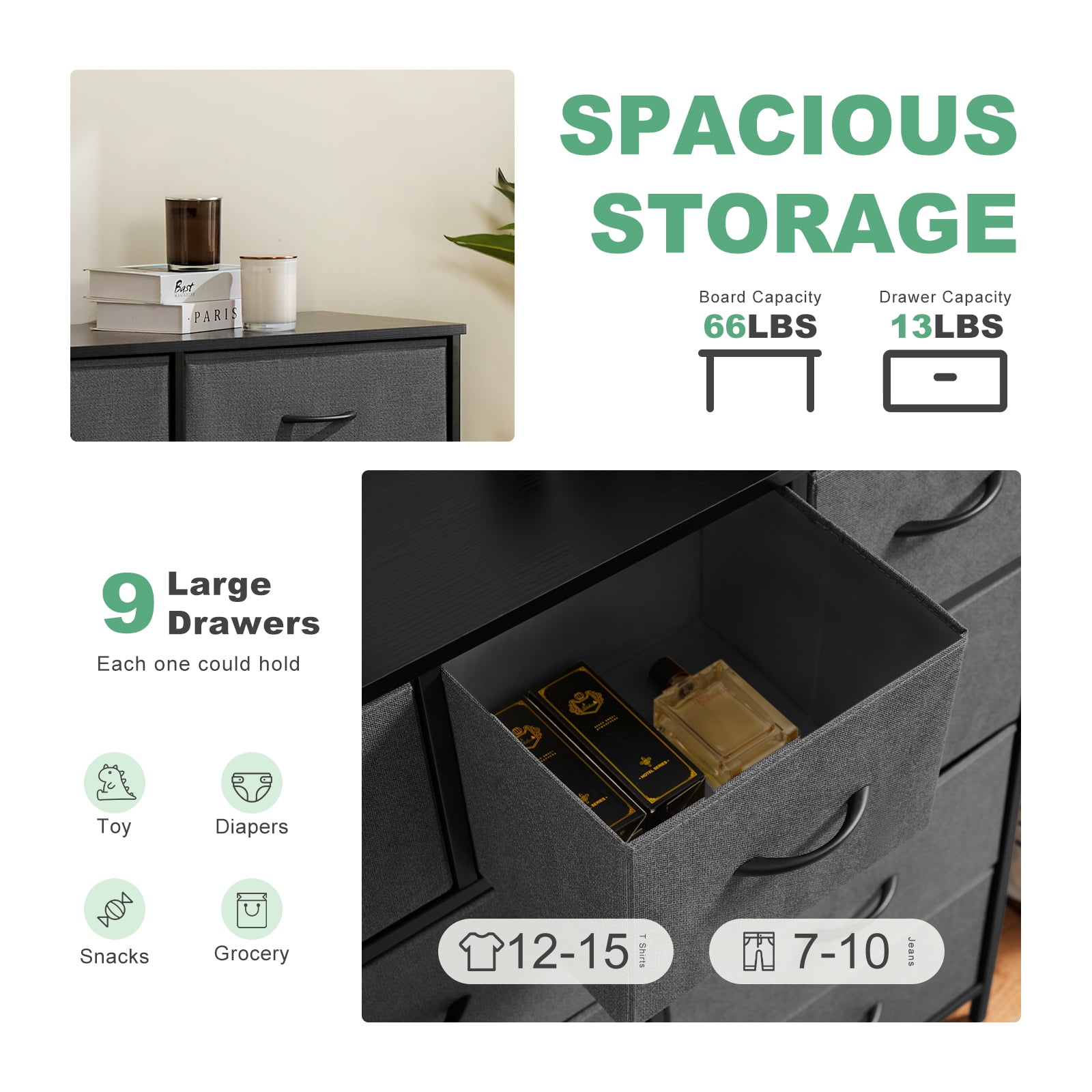 MAYEERTY Fabric Dresser with 9 Drawers for Storage and Organization, 39.4 Inch Tall Chest of Dresser, Gray