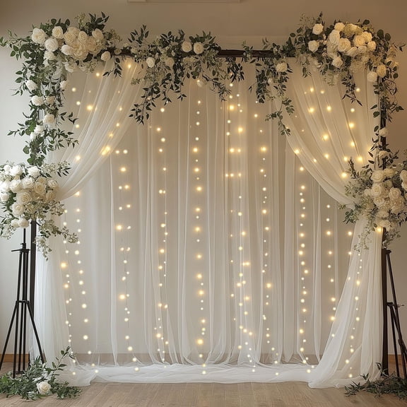 10x10ft White Tulle Backdrop Curtain with Lights String Sheer Drapes for Wedding, Birthday, Baby Shower, Bridal Shower, Photo Booth, Party, Home Decor (2 Panels, White)