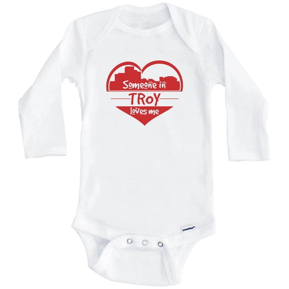 Someone in Troy Loves Me Troy Michigan Skyline Heart One Piece Baby Bodysuit (Long Sleeve), 0-3 Months White