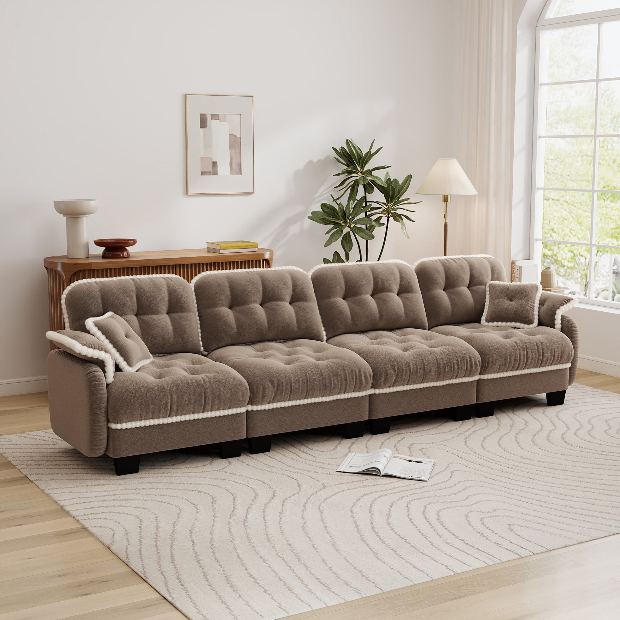 Aenkyo 131.5" Chenille Modular Sectional Sofa, 4-Seater with 23.8" Deep Seats, Camel
