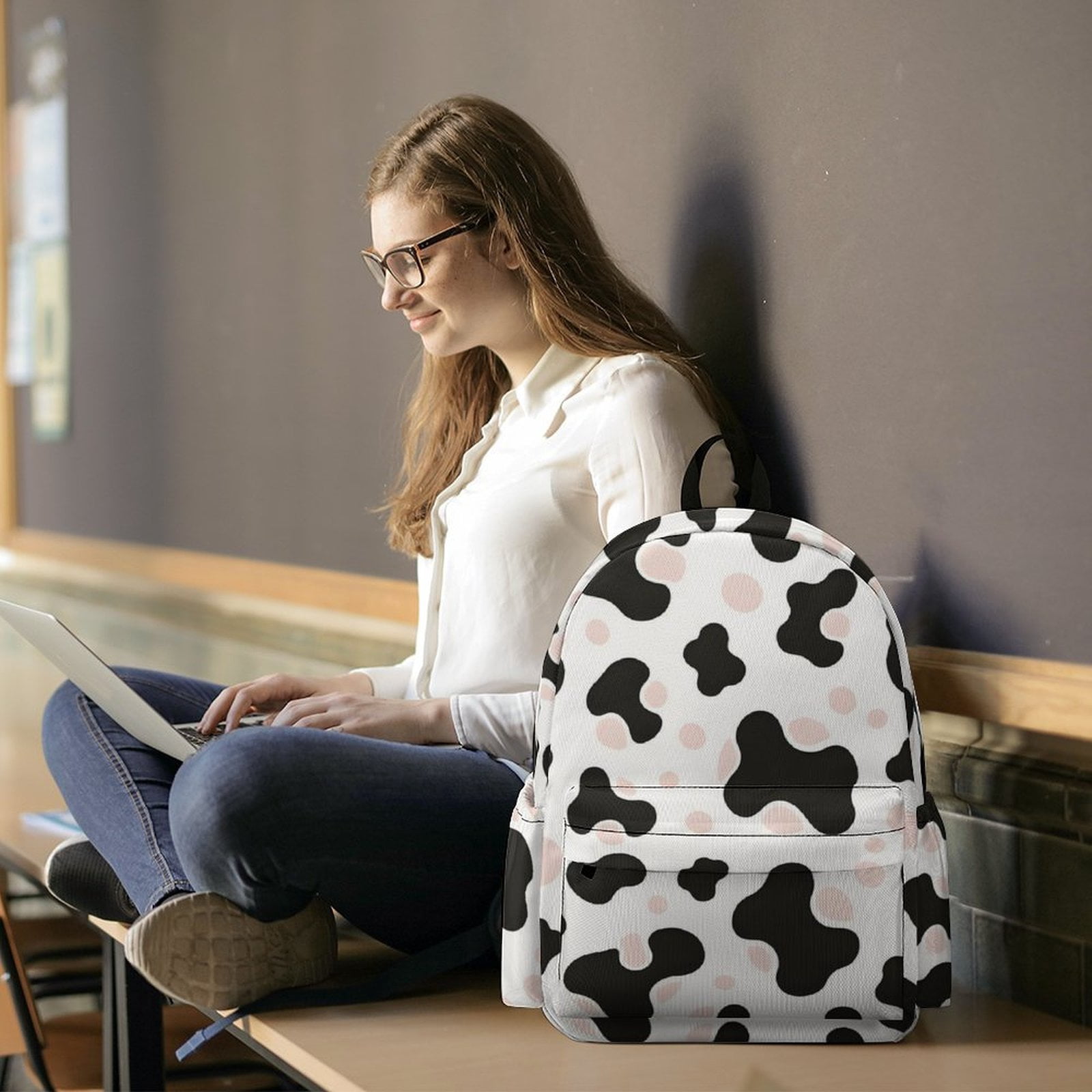 Large Capacity Half Print Backpack 11.8×16.5×5.9in Multifunctional Zipper Design Convenient Switch Simple Cow-print Pattern1_1