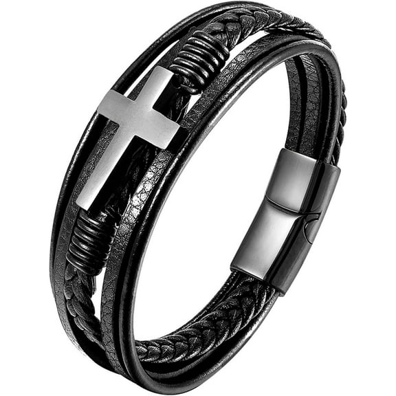 Cross Leather Bracelet for Men Women 316L Stainless Steel with 18K Gold Plated Christ Jesus Multi-layer Handmade Bracelet,7.5/8/9 Inches