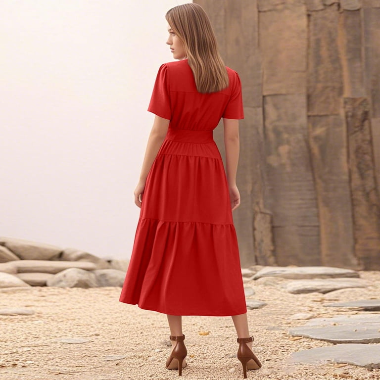 Women's Summer Casual Short Flutter Sleeve Round Neck Smocked Waist Tiered  Boho Flowy Maxi Dress Red L - Walmart.com