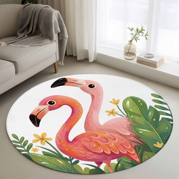 Flamingo Round Area Rug 4Ft Washable Circle Rugs for Bedroom Dining Room, Summer Botanical Flowers Tropical Leaves Non-Slip Carpet Floor Mats Indoor Outdoor Carpet Runner Aesthetic Home Decor