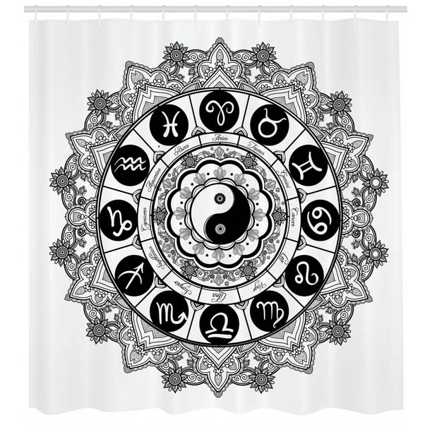 Ying Yang Shower Curtain, Round Zodiac Theme Design with Yin Yang