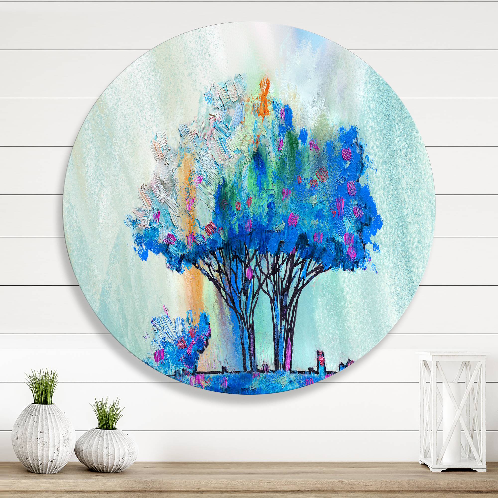 Designart 'Blue Coloured Tree Abstract Impression I' Modern Circle Metal Wall Art 11x11 - Disc of 11