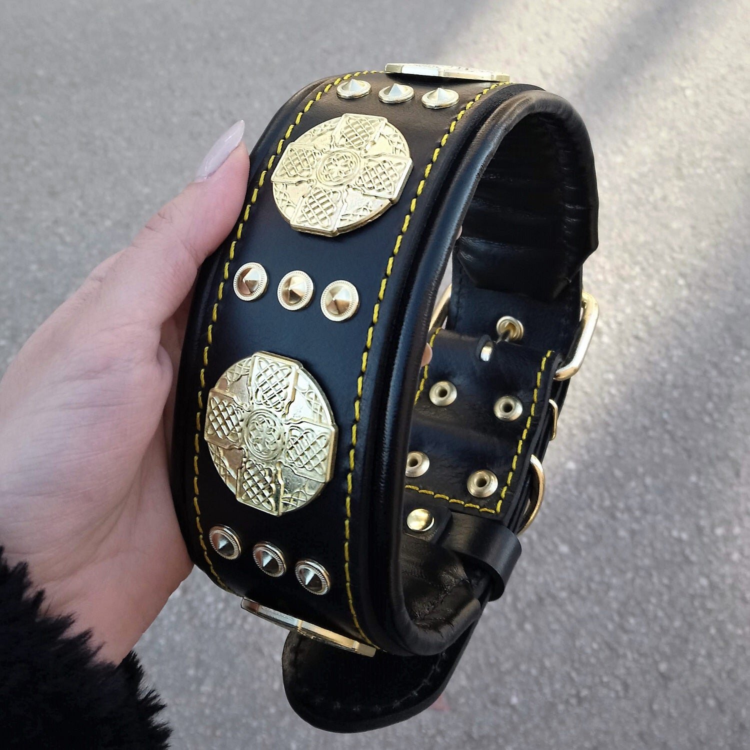 The Maximus Black/Gold Leather Dog Collar for Large Dog Breeds