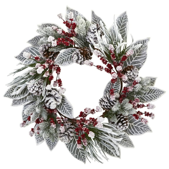 Nearly Natural 24" Christmas Snowy Magnolia Berry Artificial Wreath