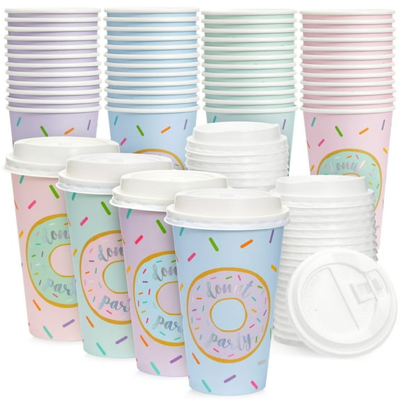 BLUE PANDA Disposable Coffee Cups with Lids - 16 Oz Pastel Donut, 48 Count - Paper Cups to Go for Travel & Parties