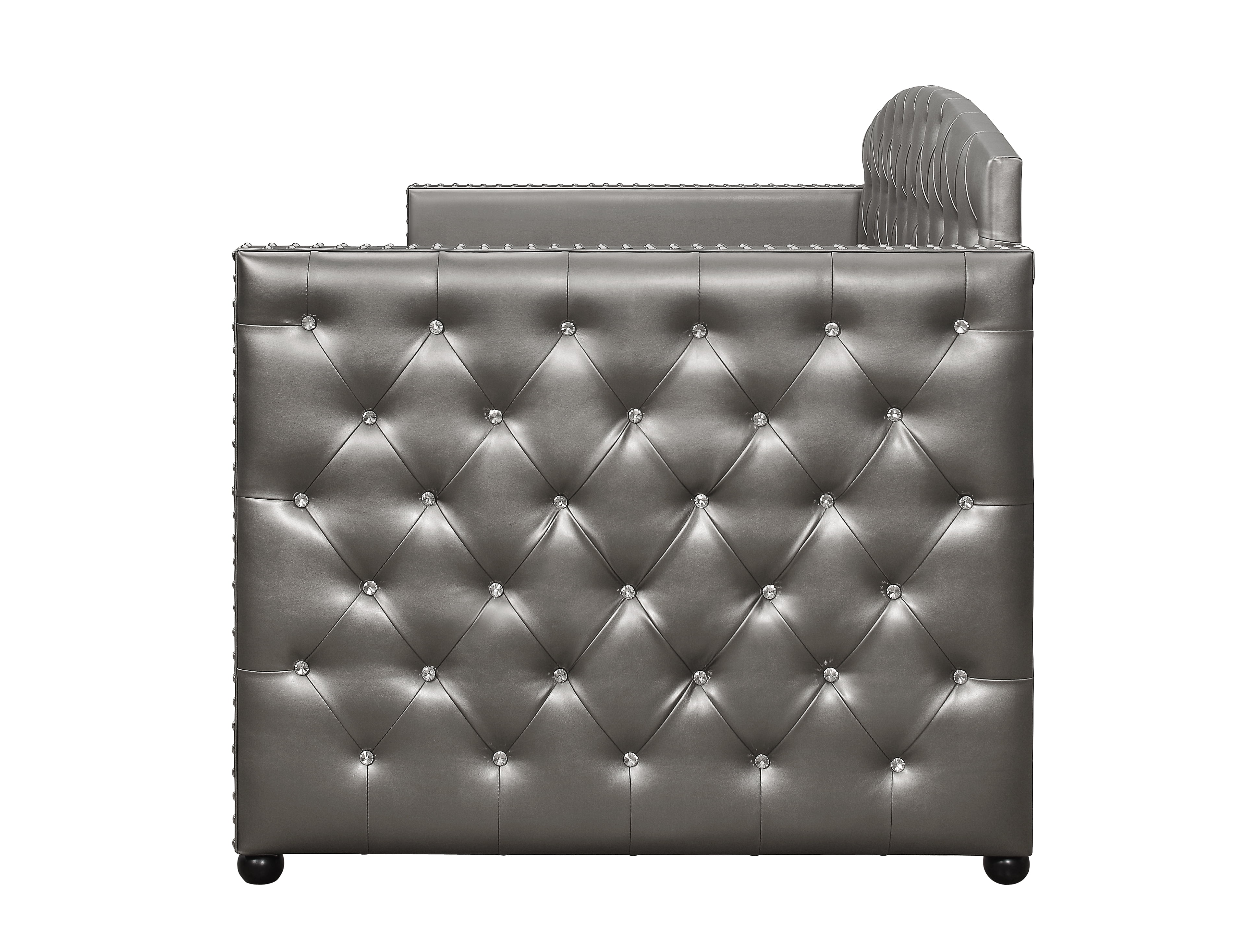 Home Design Ocean Twin Daybed with Pull-Out Trundle, Silver Faux Leather Upholstery, Diamond Button Tufting, Nailhead Trim, Elegant Modern Design