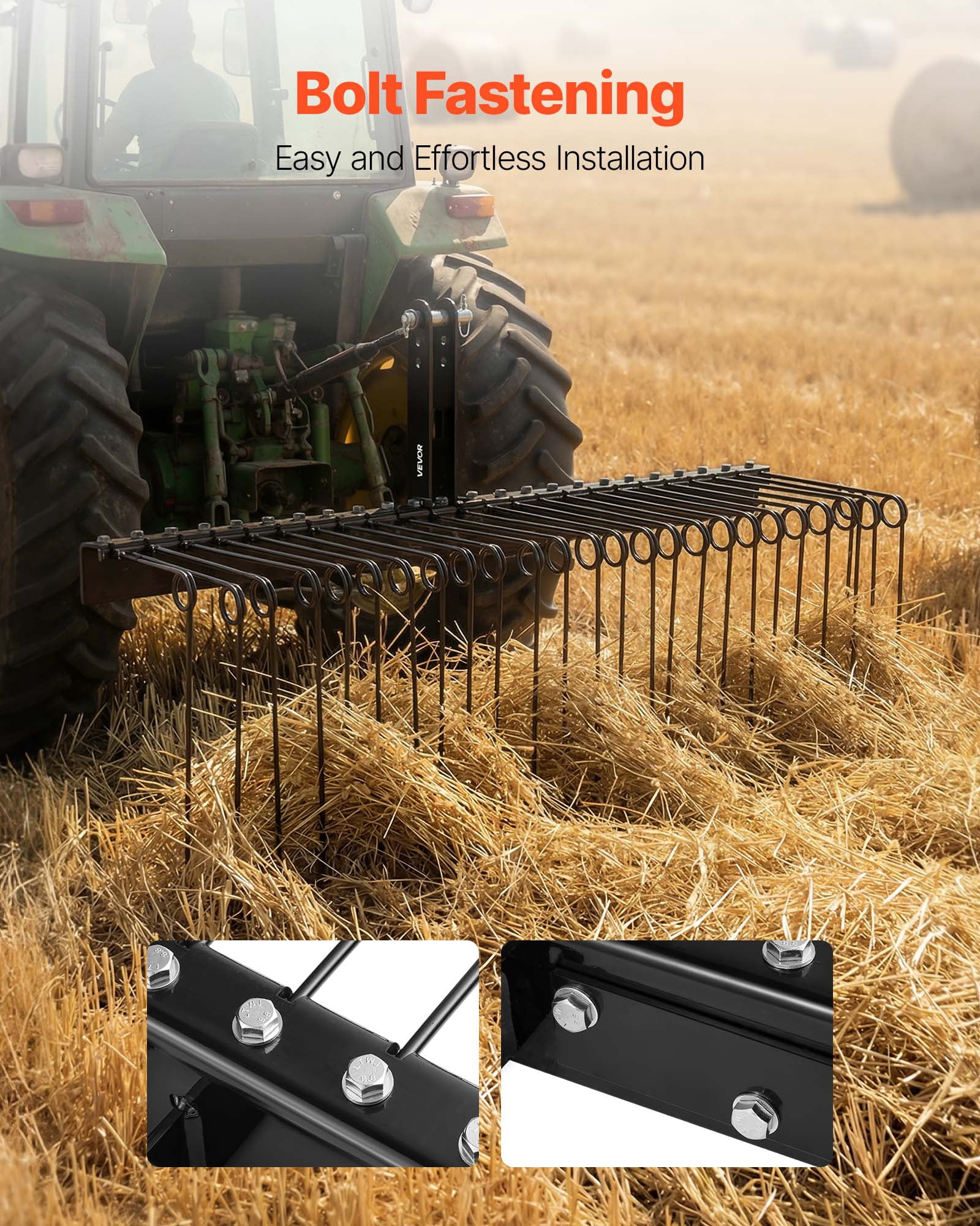 VEVOR 60 in Tow Behind Landscape Rake, 3 Point Hitch Lawn Dethatcher Rake,26 Spring Steel Tines, for Category 1 Tractors, Heavy Duty & Rust-Resistant Rakes Tractor Attachments for Leaves Pine Needles
