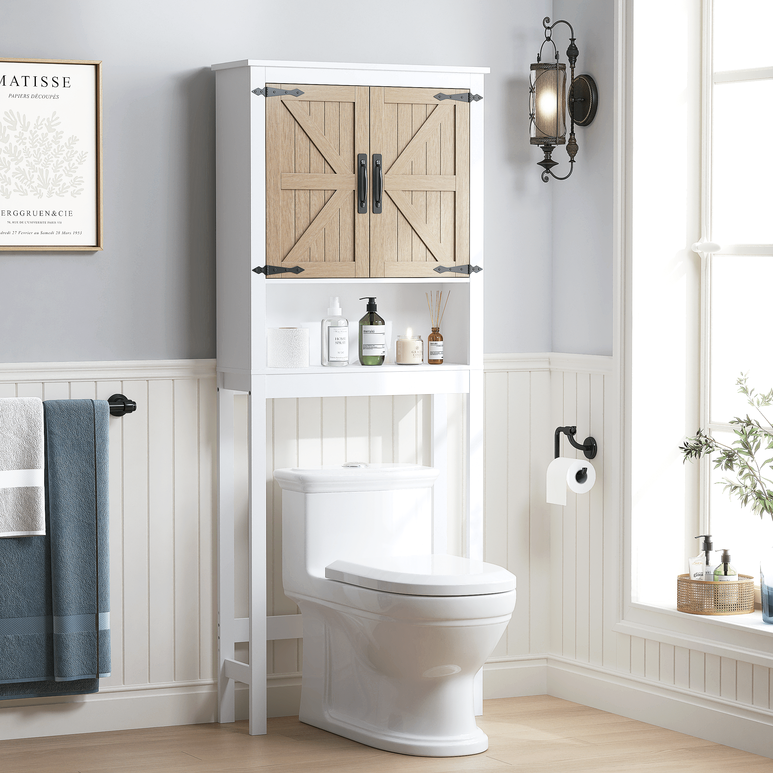 STAROUS Farmhouse Over-Toilet Storage Cabinet with Wood Grain Barn Doors & Adjustable Shelves