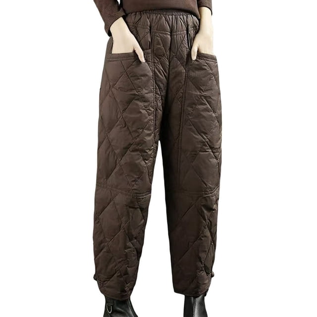 Womens Retro Literary Solid Color Down Pants With Checkered Line And Disc Buckle Windproof Warm Casual Pants