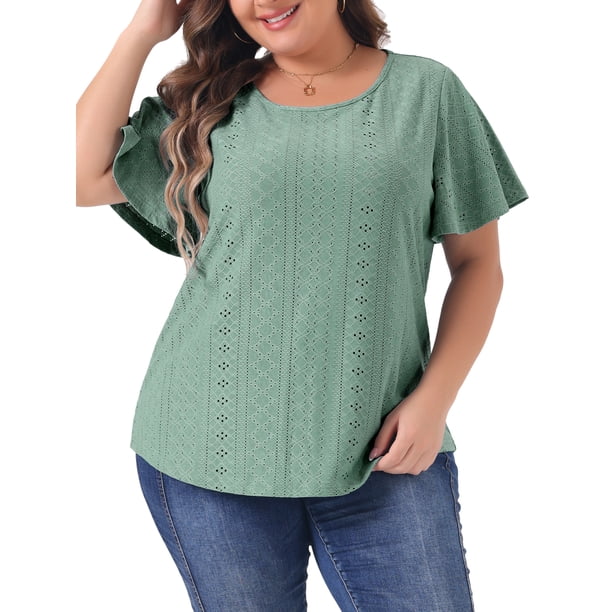Camiseta de Día de la Madre para Mujeres de Talla Grande Agnes Orinda, Cuello Redondo, Corte Suelto, Manga con Volantes, Blusas Casuales de Verano, 1X Verde