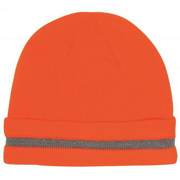 Aacrylic Knit Beanie Fleece Liner Reflective Stripe Cap, Orange