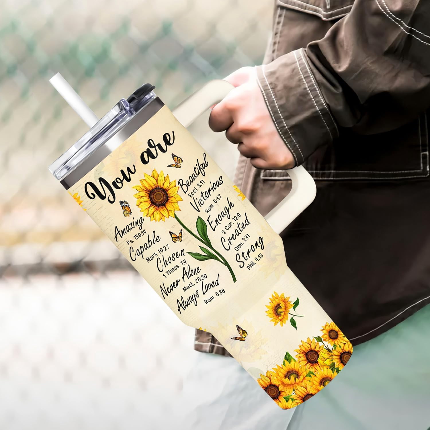 Sunflower Gifts for Women - Christian, Religious Gifts for Women - Encouragement Gift for Woman on Birthday, Mothers Day, Christmas - Sunflower Tumbler 40 oz with Handle & Straw