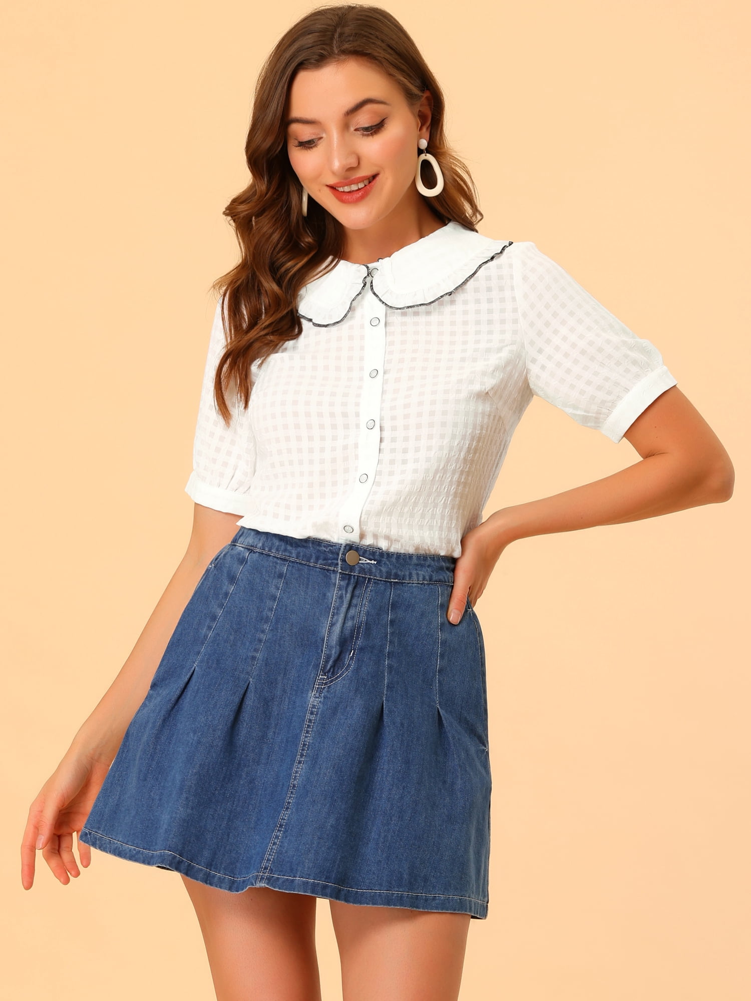 DARING DIVA Women's Peter Pan Collar Ruffled Trim Gingham Shirts Blouse M White