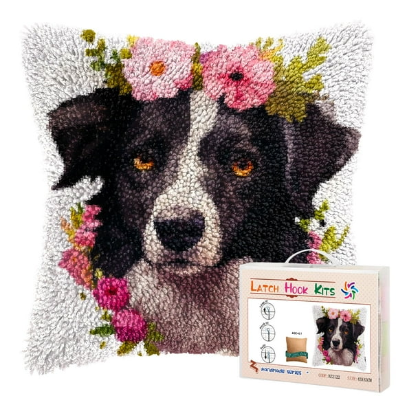 Cartoon Border Collie with Flower Wreath DIY Latch Hook Pillow Kits for Adults Printed Pillowcase Crochet Yarns Hooking Handmade Pillow Cover Cushion for Home Sofa Decoration 17x17inch