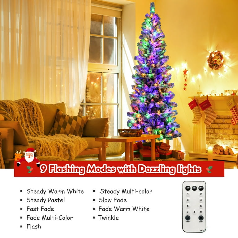 Costway 8ft Pre-Lit Hinged Christmas Tree Snow Flocked w/ 9 Modes Remote Control Lights