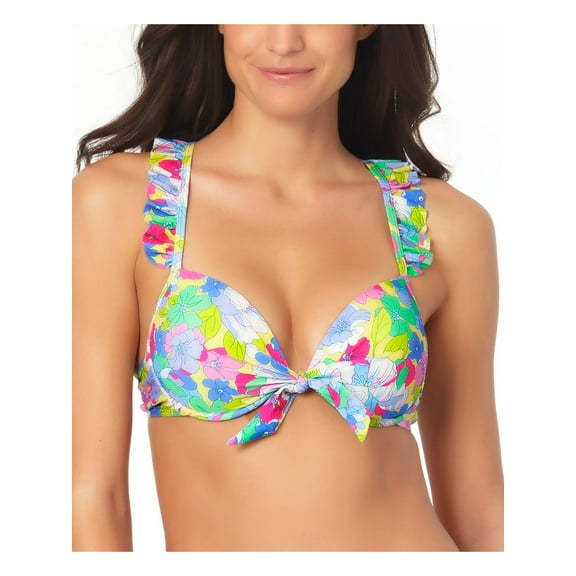 California Waves Women's Yellow Floral Stretch Push-Up Lined  Sweetheart Ruffled Tie Underwire Swimsuit Top M
