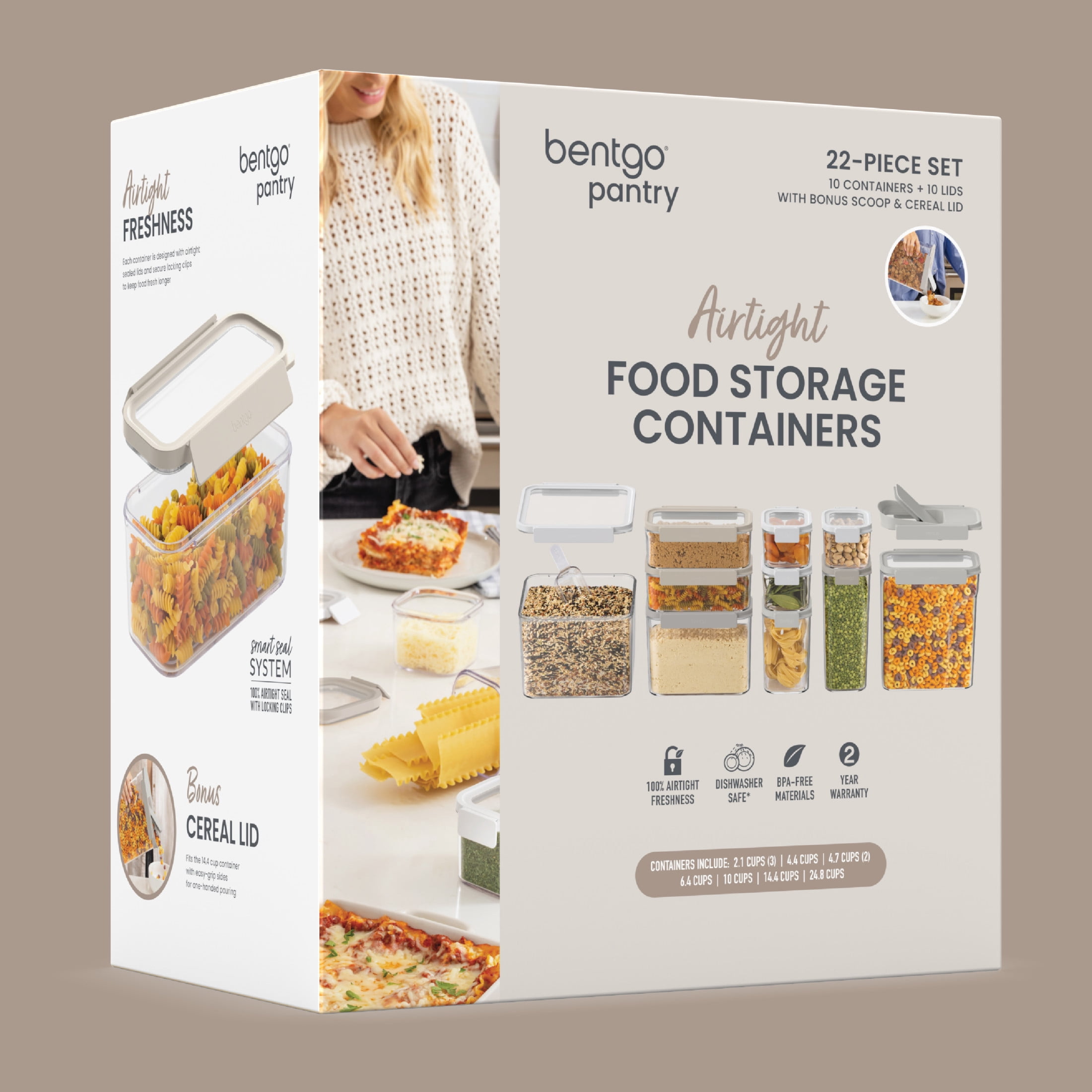 Bentgo Pantry - 22-Piece Airtight Food Storage Containers, Clear and Stackable Kitchen and Pantry Organization Set, Locking Lids for Freshness, Cereal Lid & Scoop, BPA-Free Plastic (White Stone)