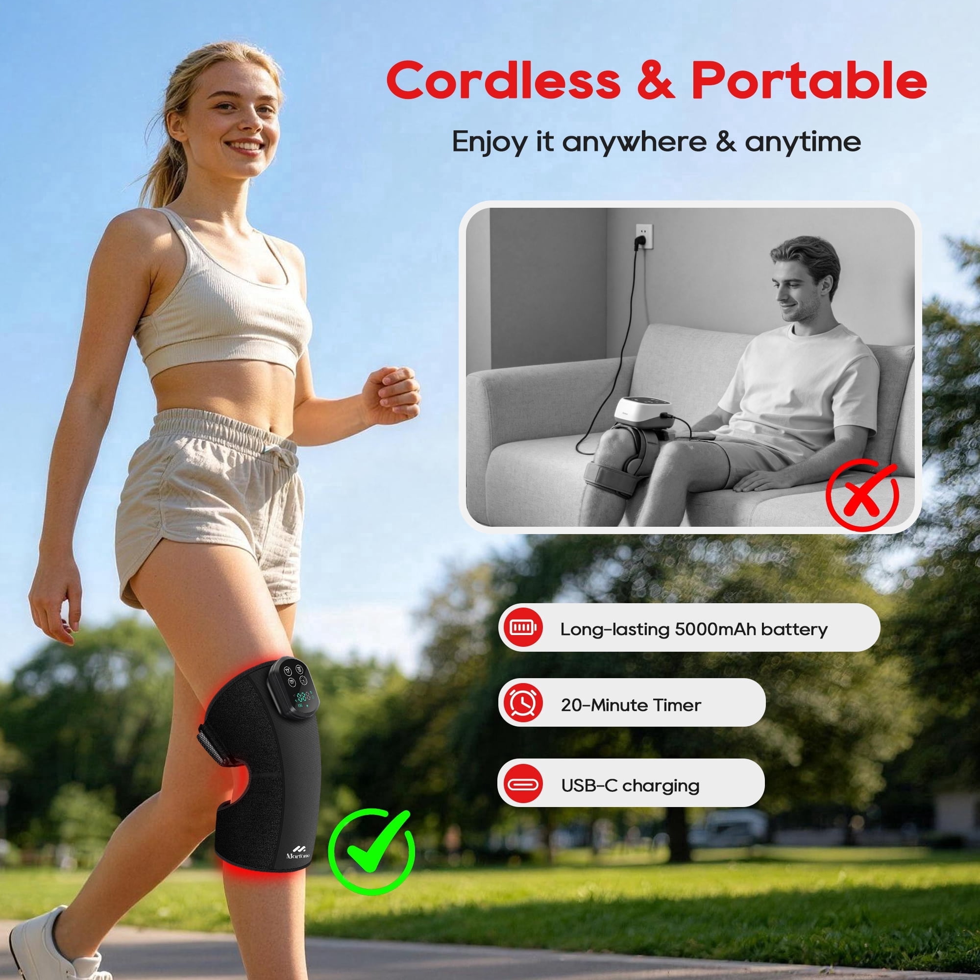 Morfone Cordless Red Light Knee Massager with 3 Heat & 3 Vibration, 660nm & 850nm Infrared Light Knee Brace with Timer，Ideal Gift for Women Man