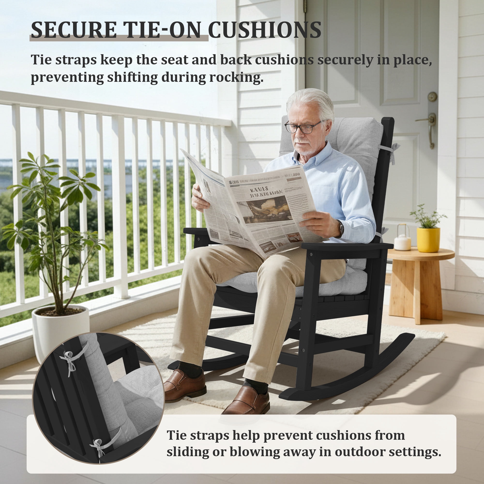 FUNDAZE Outdoor Chair Cushion, 47"L x 19.9"W 1 Piece Cushion W/ Ties for Indoor Outdoor Rocking Chairs, Gray
