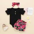 thumbnail image 2 of Baby Girl Outfits Solid Ribbed Romper Floral Bow Shorts Headbands Girls Summer Clothing Sets Cute Shorts Set Black 18-24 Months, 2 of 9