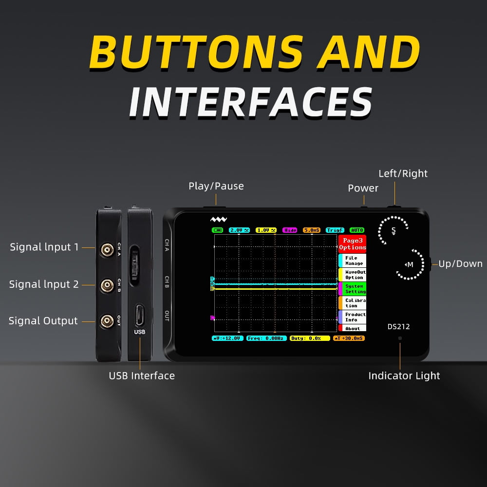Pocket Oscilloscope DS212, Portable Oscilloscope Mini Size Handheld, Built-in Rechargeable Battery, 2 Channels, 1Mhz Bandwidth, Entry Level Oscilloscope for Beginner