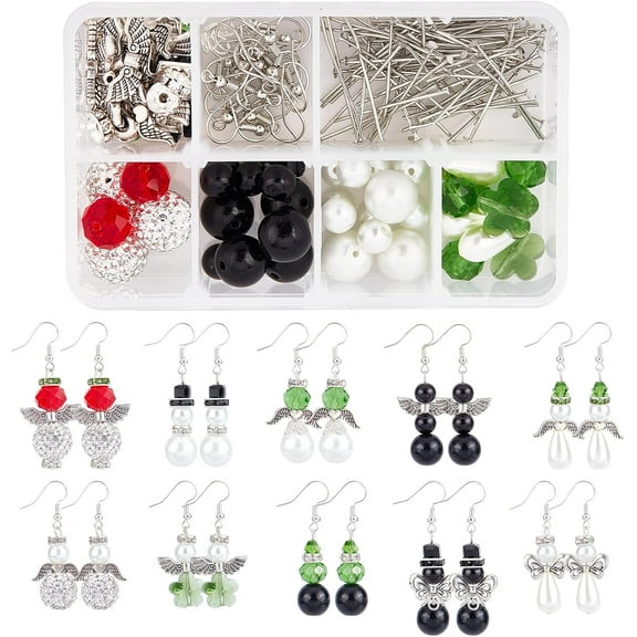 1 Box DIY 10 Pairs Christmas Themed Handcraft Snowman Earrings Making Kit Angel Wing Beads