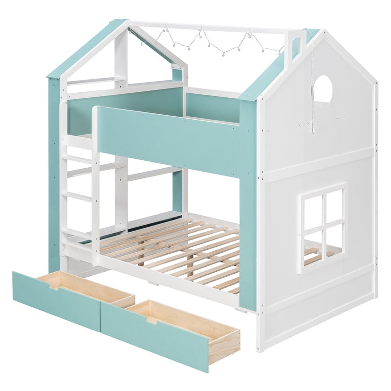 Full Over Full Bunk Bed with Storage Drawers and Shelves, Modern Two-Tone Wood Bunk Bed with LED Light Strip, Safety Guardrails and Ladder, Space-Saving Bed Frame for Kids, Teens