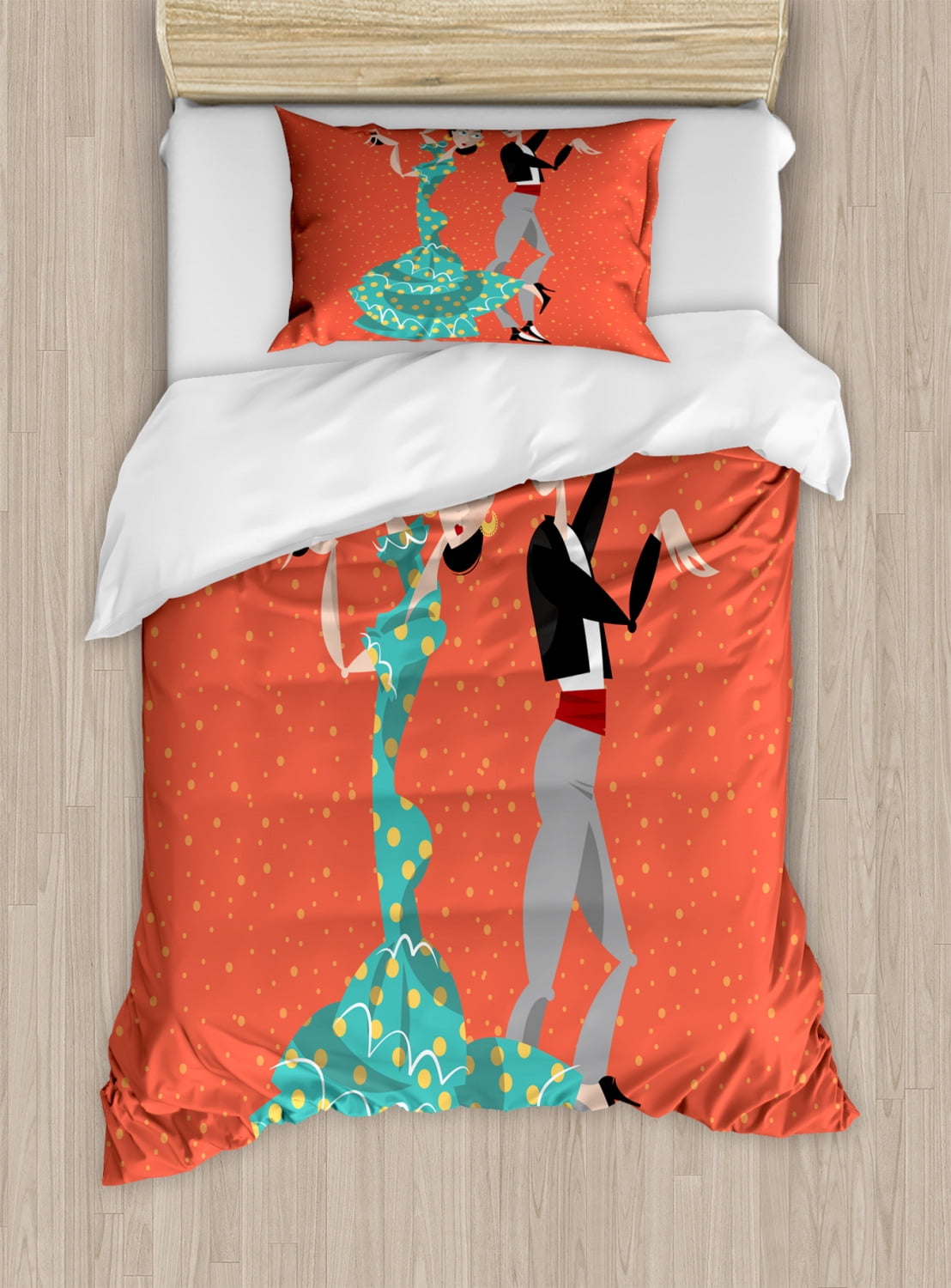 Spanish Duvet Cover Set Twin Size, Ethnic Flamenco Dancers Couple Performing in Historical Folk
